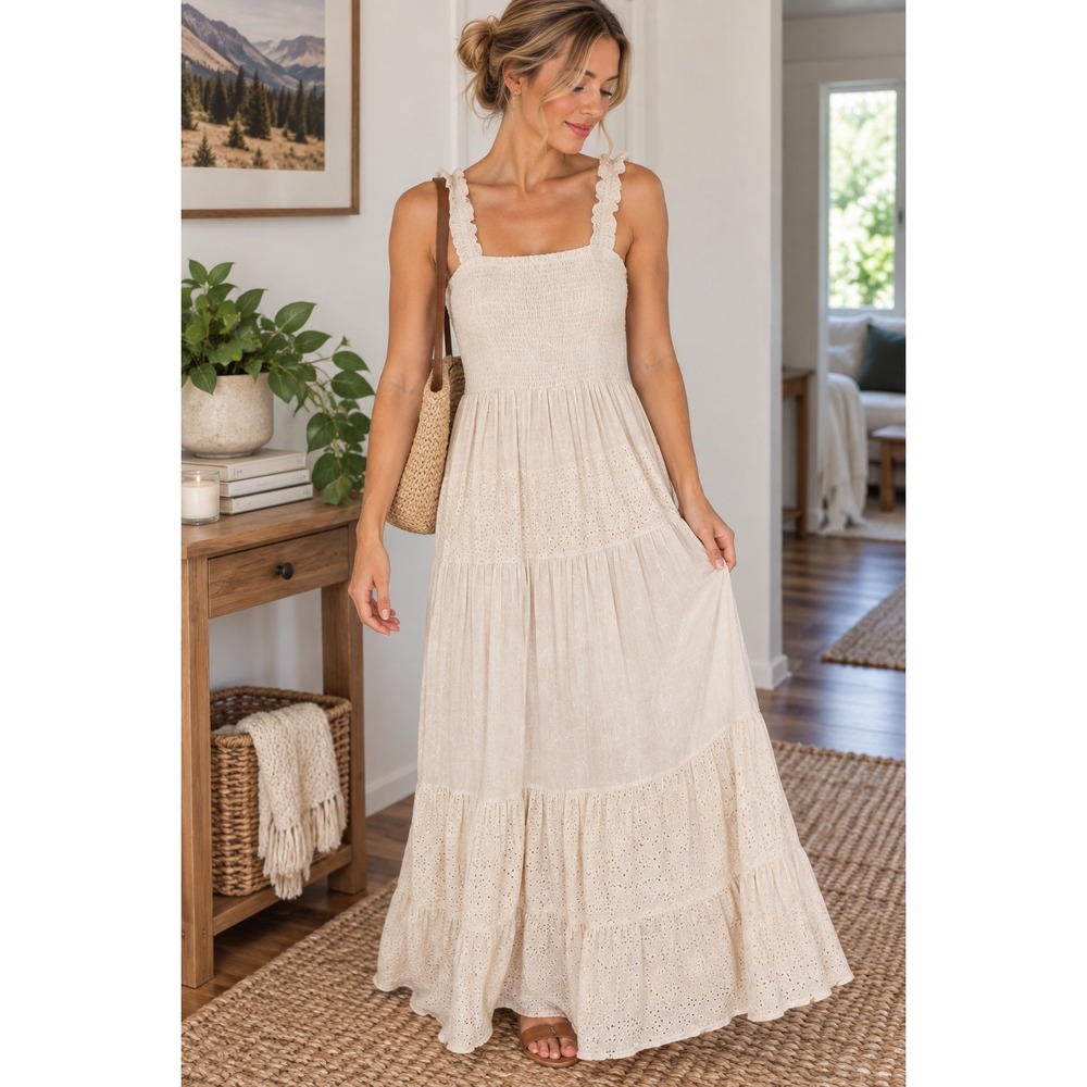 WALLFLOWER‎ Cream Smocked Tiered Eyelet Maxi Dress Womens M Boho Cottagecore